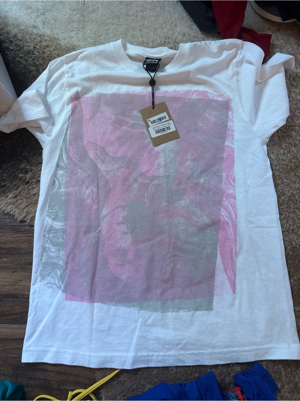 Stussy White Tee with Pink and Silver Graphic